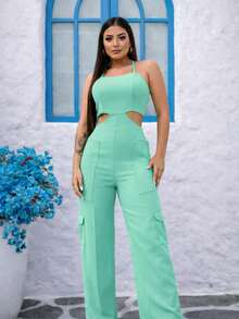 Premium Tailored Cargo Jumpsuit With Straps - Mint Green - View 2