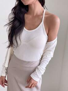 ARA CHIC Women's White 2 Pieces Set, Button-Front Cropped Cardigan And Spaghetti Strap Camisole, Suitable For Valentine's Day, Easter, Thanksgiving, Daily Date - White - View 3