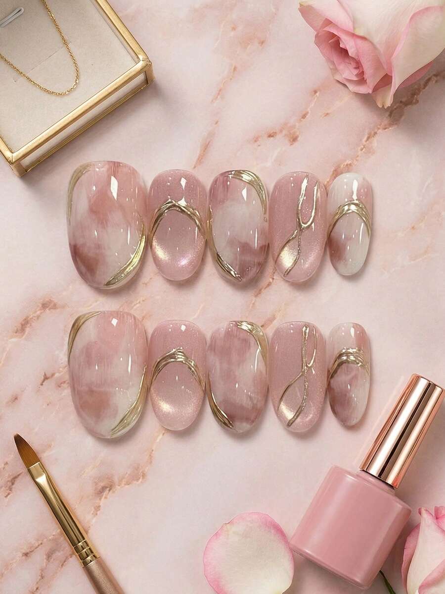 10片裝粉色大理石紋金線貓眼效果美甲貼片,短橢圓形,適合婚禮、春季、母親節與日常配戴,含凝膠指甲油與指甲锉,DIY美甲手工穿戴甲用品 - 粉色 - 查看 1