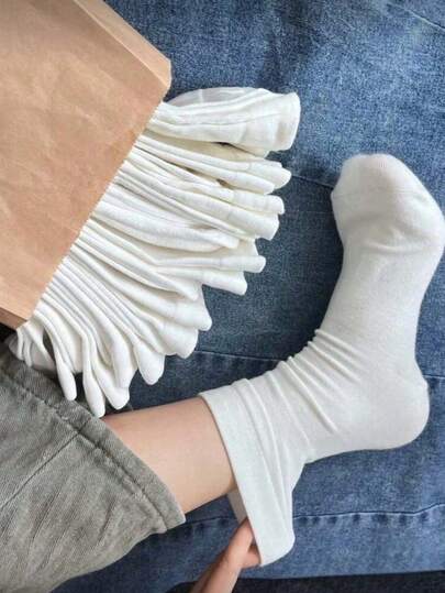 5/10 Đôi tất nữ màu trắng trơn, mềm mại, thoải mái, ấm áp, cao đến giữa bắp chân, thích hợp cho mặc hàng ngày, hoạt động ngoài trời, thể thao, phối cùng giày lười, giày thể thao, phù hợp mọi mùa.
