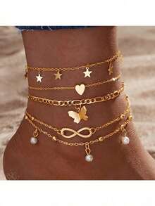4pcs Set Elegant Butterfly, Heart, Minimalist Beaded Multilayer Anklet, Adorned With Shiny Faux Diamonds, Vintage Bohemian Style Foot Jewelry, Suitable For Summer Vacation, Beach Party, Sexy Bikini Wear - 金色 - 查看 5