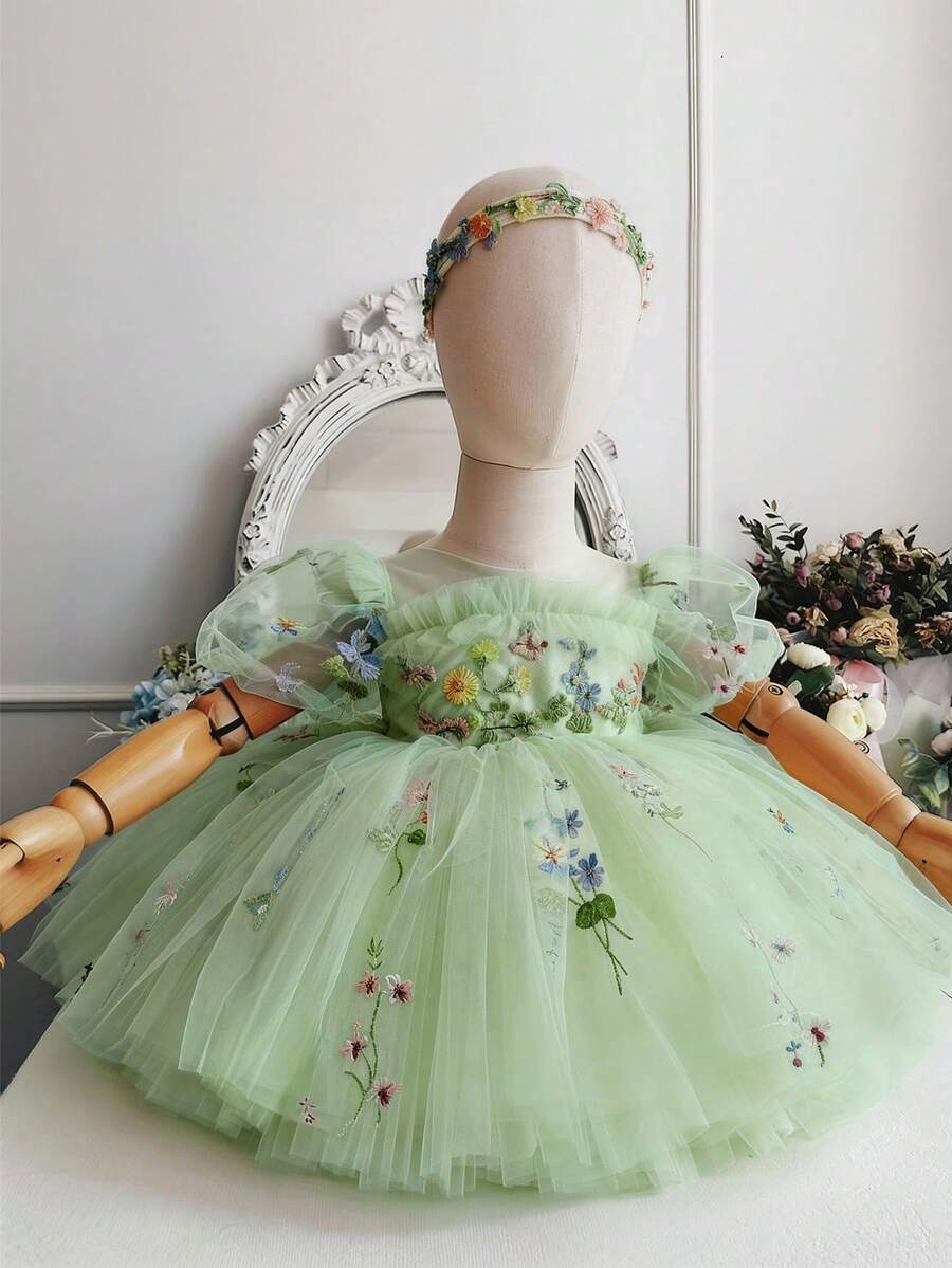女婴刺绣花瓣袖镂空露背网纱公主裙，适合女孩生日派对、花童、婚礼、复活节、洗礼、圣餐礼等场合及节日庆典。 - 薄荷綠 - 查看 1