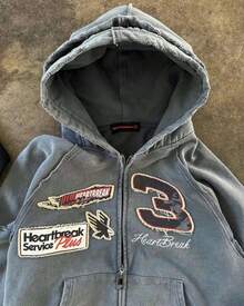 Retro Street Double-Letter 3D Print Zipper Up Hooded Sweatshirt Y2K Hip-Hop Hoodie - 灰色 - 查看 3