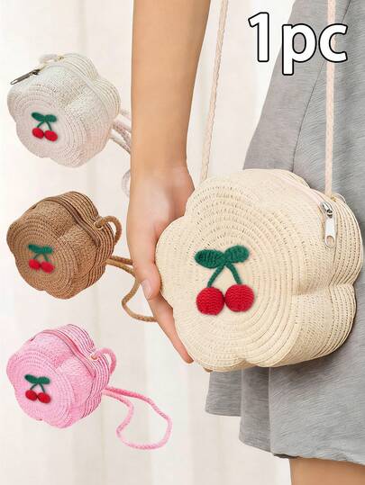 Bolso tejido con flores, bolso cruzado mini tejido a mano, decoración de cereza linda, cierre con cremallera, monedero portátil, bolsas de playa de paja, bolso cruzado mini de paja, bolso de hombro de playa de verano, bolso y monedero lindos de mujer - accesorio juguetón, cierre de cremallera duradero, perfecto para la playa, viajes, vacaciones, ir al trabajo, para novia, Día del Maestro, Pascua, Día de la Madre, cumpleaños, regalo de aniversario