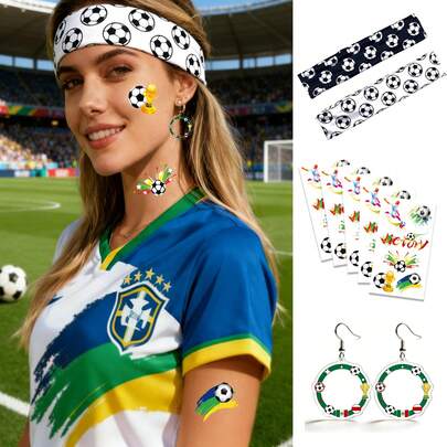 2026年世界杯足球迷配件三件套，包含足球啦啦队拍照道具、头带、耳环和脸部纹身贴纸，是观赛派对、球迷聚会和体育场比赛日的完美之选。