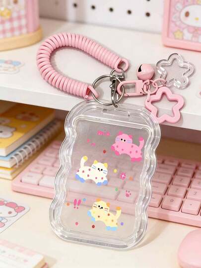 Transparent Cat Pattern Card Holder With Retractable Lanyard And Wrist Strap - Made Of Clear PVC Material, With Safety Lock Mechanism, Anti-Theft Design, Durable For Student ID, Meal Card, Access Card, Etc.