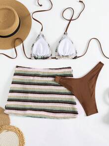 Bộ bikini ba mảnh kẻ sọc dệt kim 3D dành cho nữ – Áo buộc cổ, quần màu nâu và váy che phủ xẻ tà đính hạt, lý tưởng cho kỳ nghỉ hè trên bãi biển. - Nhiều màu - Xem 2