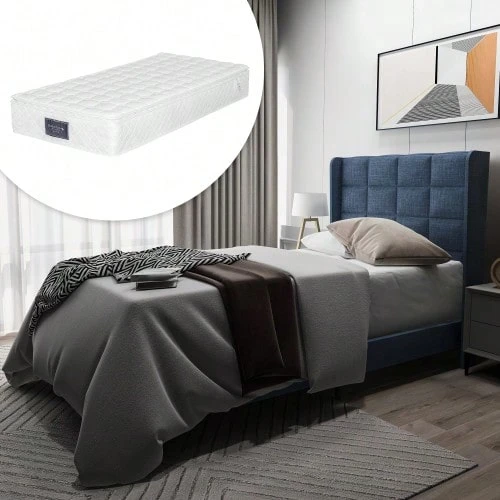 Upholstered Bed With Its Upholstered Headboard, Single Bed With Slatted Base, 90x200cm, In Linen, Medium Firm (With Spring Mattress) - Blue - View 1