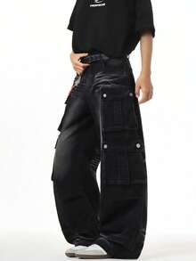 1pc Vintage American Style Men's Loose Fit Cargo Jeans, Versatile High Street Washed Distressed Design, Multi-Pocket Wide Leg Pants (Product Does Not Include Belt And Accessories) - Black - View 7