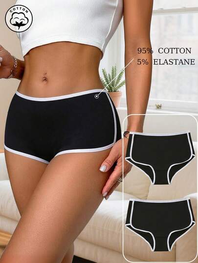 2条装女士100%纯棉三角内裤，柔软舒适，简约三角裤款式，撞色运动风设计，适合居家及户外四季穿着。