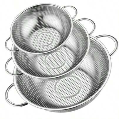 3 pièces/1 pièce Passoire multi-usages en acier inoxydable - Panier à mailles épais et durable avec double poignée, convient pour égoutter et laver les fruits et légumes