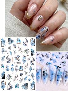 4pcs Garden Watercolor Nail Art Stickers - Blue & Purple Tulip Floral Nail Decals - Spring/Summer, Wedding, Date Night DIY Elegant French Manicure Decorations - Multicolor - View 6
