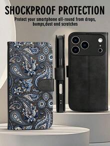 Wallet Phone Case,Folio Case Deep Navy Vintage Paisley Swirls With Ornate Floral Motifs In Bohemian Luxe Pattern, Compatible With IPhone 17/16/15/14/13/12 Series (Pro Max/Plus), Handcrafted With Kickstand And Card Slots, Tailored For The Artistic Soul Who Craves Intricate Detail & Timeless Global Elegance. - 1 cái - Xem 2