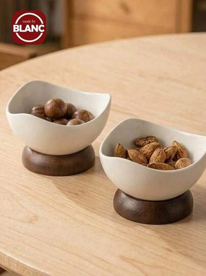 1个带木底座的陶瓷甜点碗 - 多用途，可盛放冰淇淋、椰枣和坚果，适合家庭和咖啡馆的小型托盘