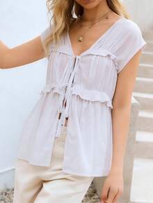 Women Cap Sleeve Shirts Solid Color Ruffles Front Tie-Up Blouses Summer Casual Tops Streetwear - Blanco - Ver 5