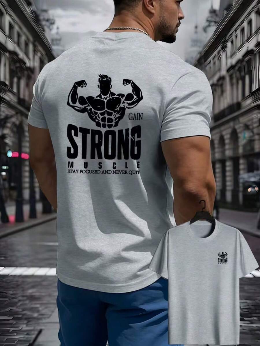 Unisex Streetwear Style Printed T-Shirt Fitness Strong Muscle Positive Street Style Stylish Shirt For Men And Women - 100% Cotton Promotion Free Fast Shipping - 灰色 - 查看 1