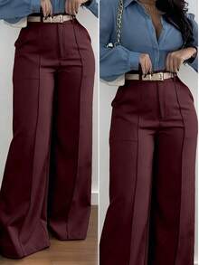 Jisfaneya Zipper Pocket Wide Leg Pants, No Belt, Solid Color, Suit Fabric, Elegant Commute, Versatile Office, School, Daily Wear, Spring/Summer - Màu Đỏ Sâu - Xem 2