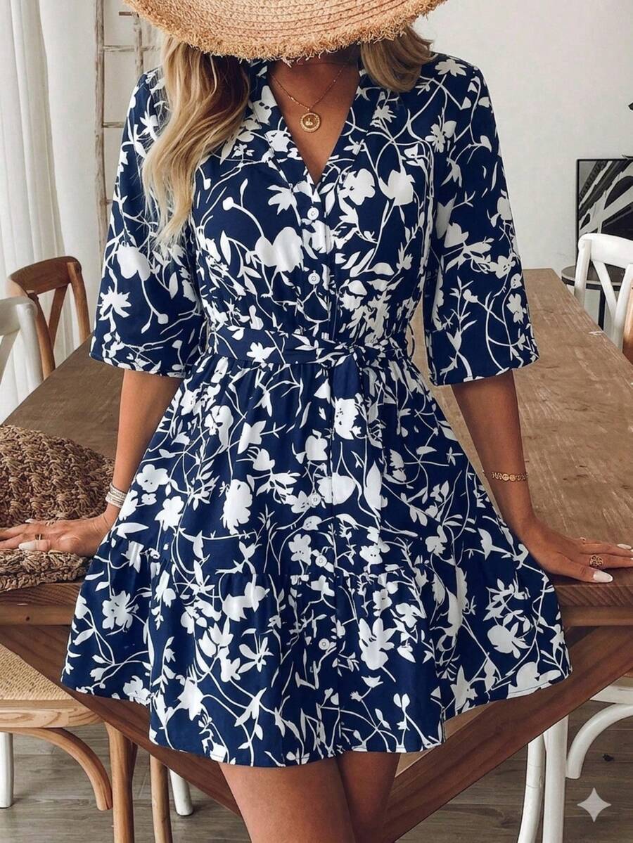 Floral Print Lantern Sleeve V-Neck Mini Dress Elegant Vacation Spring - Royal Blue - View 1
