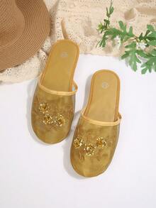 Dép bệt màu vàng đồng với họa tiết ren lưới thêu, dép bít mũi kiểu slip-on, dép đi trong nhà thoải mái, đa năng, thanh lịch dành cho nữ, thích hợp cho kỳ nghỉ xuân/thu. - Vàng - Xem 6