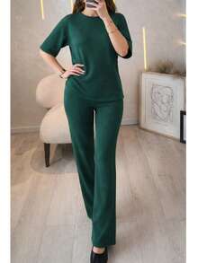 Conjunto Mujer 2 Piezas Casual Elegante, Playera Oversize Manga Corta y Pantalón Recto Tiro Alto, Set Cómodo en Tela Acanalada para Primavera Verano Minimalista Set dos piezas panatalon holgado comodo top playera dama mujer manga corta cómodo holgado diario casual suelto conjunto fresco chic versátil - Verde - Ver 3
