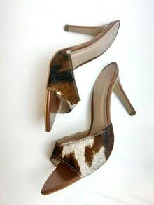 ANGELA GALVAO Luxury Leather Clog Shoe With 9cm Heel, Leaf Toe, Animal Print - Bò Caramel - Xem 3