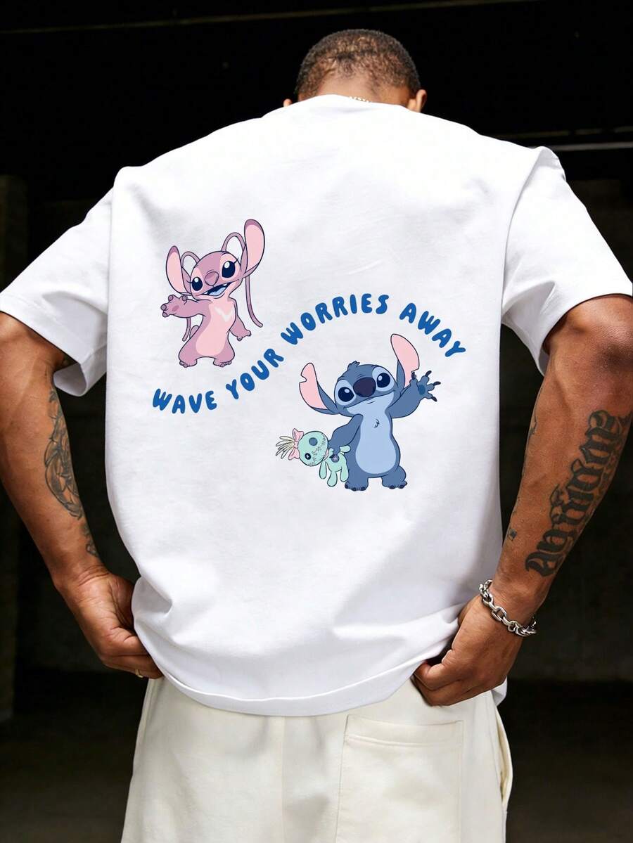 Disney Series Summer Mickey Mouse Print Men's T-Shirts Streetwear Polyester 0-Neck Loose Short Sleeve Tops Casual Loose Tee Shirts Men - trắng - Xem 1