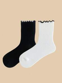 1/2 paires de chaussettes mi-mollet polyvalentes pour le printemps/été, style fille minimaliste avec bordure à volants et couleurs contrastées - Multicolore - Voir 4