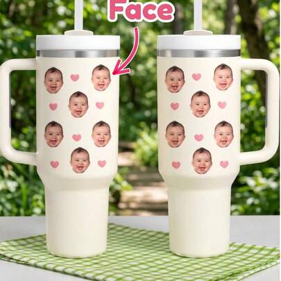 1pc Custom Face Insulated Tumbler 40oz With Handle & Straw, Personalized With Face, Name & Photo, Stainless Steel Custom Tumbler With Handle And Straw, Personalized Cup, Personalized Water Bottle,Couple Gift, Water Bottle,Coffee Mug,Iced Coffee Cup,Unique Gift For Valentine's Day, Mother's Day, Father's Day, Best Gift For Birthday And Anniversary, Gift For Boyfriend/Girlfriend