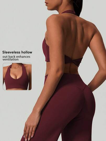 Sujetador deportivo de mujer con cuello de halter, espalda con nudo, almohadilla en el pecho, para fitness, yoga, entrenamiento atlético y gimnasio