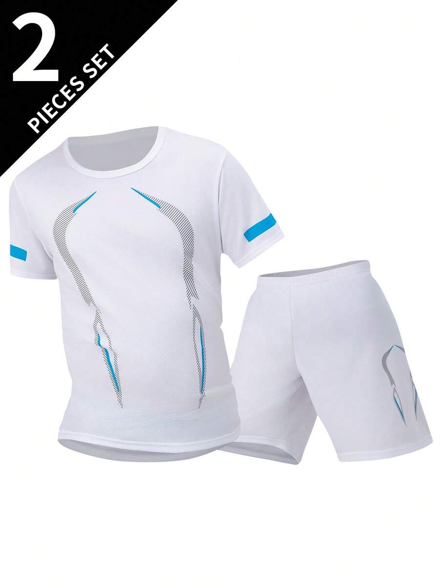 Set de 2 piezas de ropa deportiva de verano para hombres, camiseta de manga corta de cuello redondo + pantalones cortos deportivos - Blanco - Ver 1