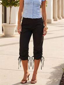 Women's High Waist Capri Pants Drawstring Cuff Solid Ruched Hem Color Slim Fit Cropped Trousers Spring Summer Brunch Errands Casual Outing - Black - View 1