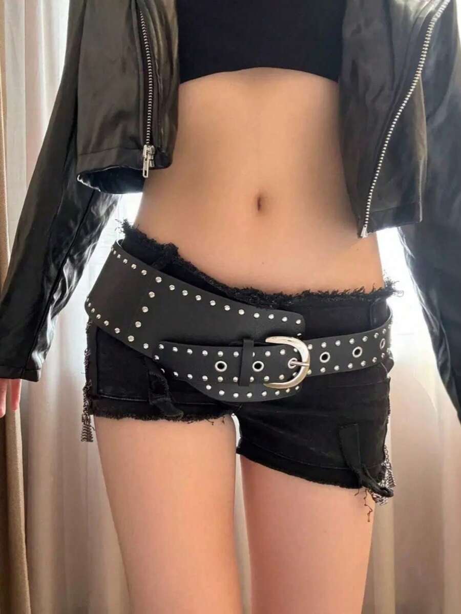 1pc  Style Punk Rivet Decor Curved Waist Belt, Asymmetrical Waistband, Fashionable Accessory Fall, Autumn, Halloween - 1 cái - Xem 1