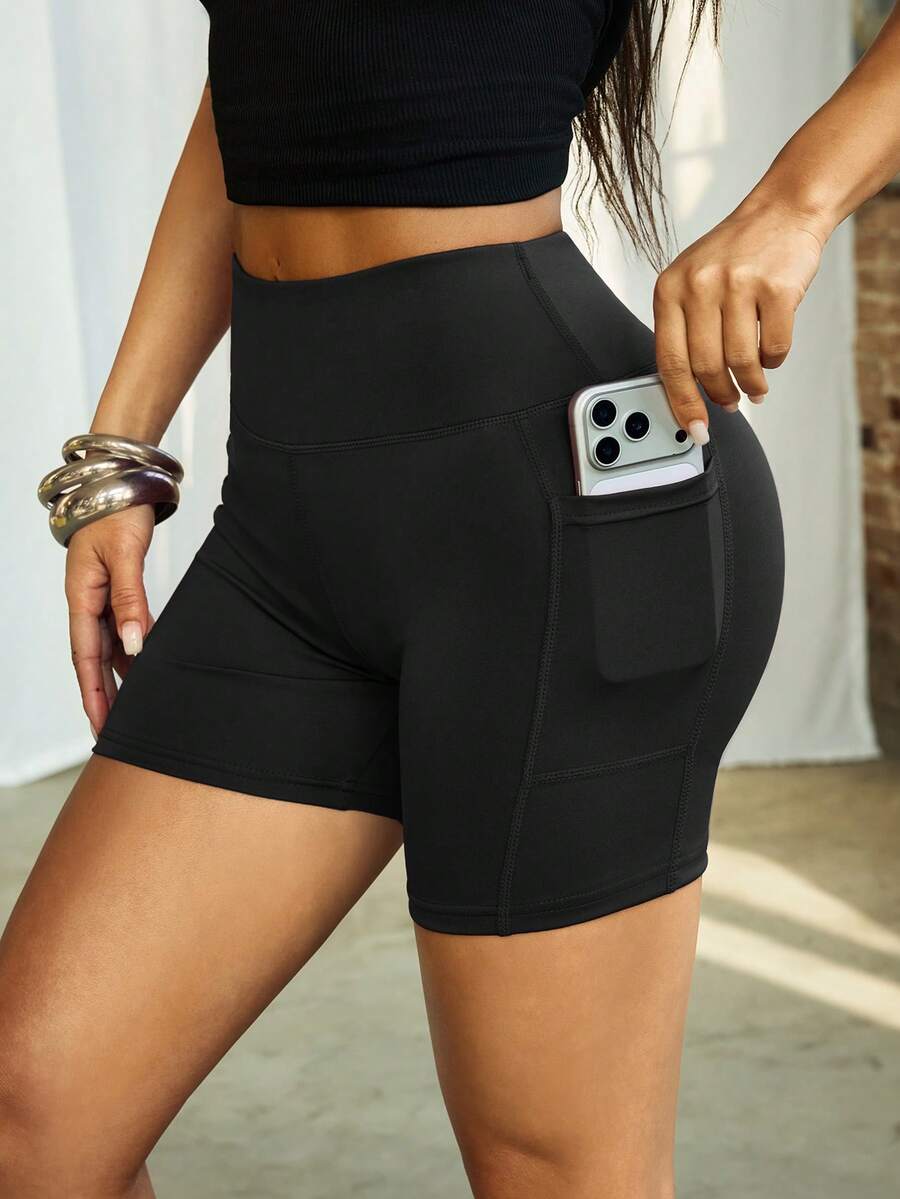 Pantalones cortos de compresión de cintura alta para mujer con bolsillos, adecuados para yoga, ciclismo, fitness, correr, entrenamiento en primavera y verano en color negro - Negro - Ver 1