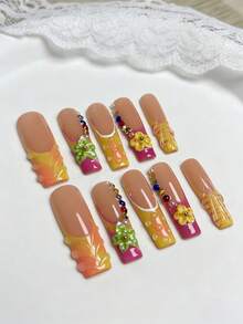 10pcs French Luxury 3D Line Flower Rhinestone Hot Girl Style Acrylic Press On Nails For Hands, Vacation, Vacation Outfits, Graduation, Wedding, Holiday Party, Suitable For Girls - Orange - View 15