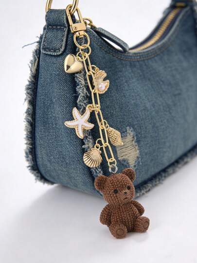 可爱咖啡泰迪熊海洋主题钥匙扣，时尚金色贝壳海星爱心吊坠包包挂饰，美观的手提包/背包钥匙扣配件，钱包装饰，沙滩风钥匙扣，可用于钥匙、车钥匙、包包装饰、耳机挂饰或手机壳挂饰，旅行和日常使用皆宜，送给朋友、青少年、女性的完美礼物——生日、情人节、圣诞节、夏季、节日礼物的理想之选，时尚女士配饰