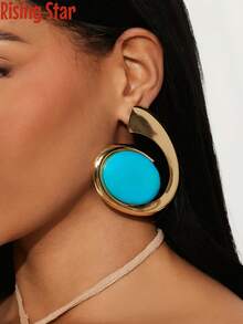 1 Pair Vintage Oversized Geometric Asymmetric Round Earrings, Inlaid With Faux Turquoise Resin, Spiral Earrings For Women, Suitable For Seasonal Gatherings And Holidays, Faux Turquoise Jewelry For Women, Western-Style Jewelry For Women, Women's Accessories - Turquoise Earrings - View 2