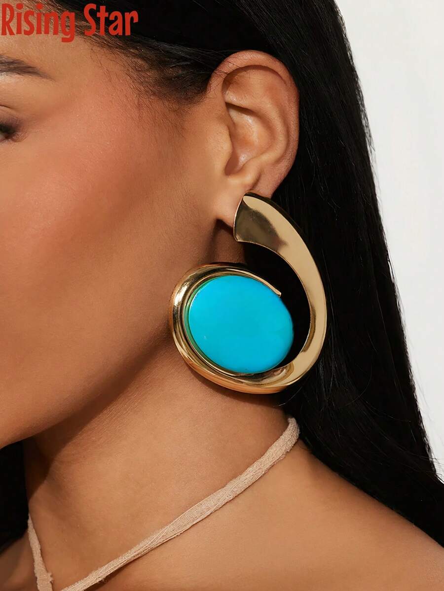 1 Pair Vintage Oversized Geometric Asymmetric Round Earrings, Inlaid With Faux Turquoise Resin, Spiral Earrings For Women, Suitable For Seasonal Gatherings And Holidays, Faux Turquoise Jewelry For Women, Western-Style Jewelry For Women, Women's Accessories