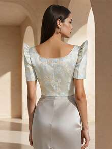 1pc Modern Filipiniana Top With Butterfly Sleeves, Lace-Up Short Sleeve Cardigan Blouse For Women, Holiday, Daily, Wedding, Summer - Blue - View 3