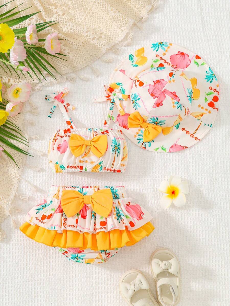 3pcs/Set Baby/Baby GirlCasual Cute Plaid Print Camisole, Tube Top And Panties Set With Hat - Multicolor - View 1