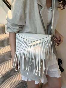 Retro Leather Crossbody Bag, Bohemian Shoulder Bag, Fringed Studded Cross-Body Square Bag, Casual Messenger Bag For Travel And Everyday Use, Portable Business Crossbody Bag, Small Clutch. - 白色 - 查看 4