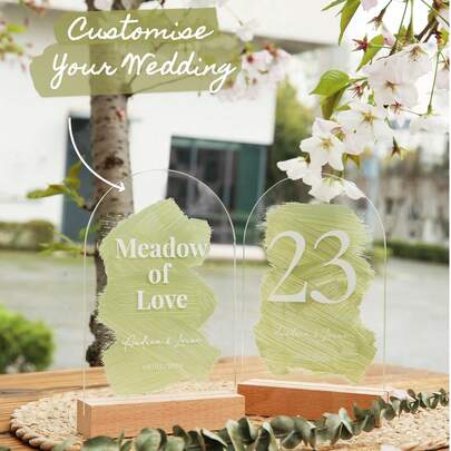 Custom Hand Painted Acrylic Semicircular Seat Sign Wooden Holder Unique Color Pattern For Each Piece Customized Wedding Table Number Personalized Transparent Acrylic Table Number For Wedding Signs Decoration Table Number Holder Customise Table Sign Holder Business Card Photo Picture Holder 20pcs/10pcs/5pcs/1pc Suitable For Weddings Parties Birthdays Christmas