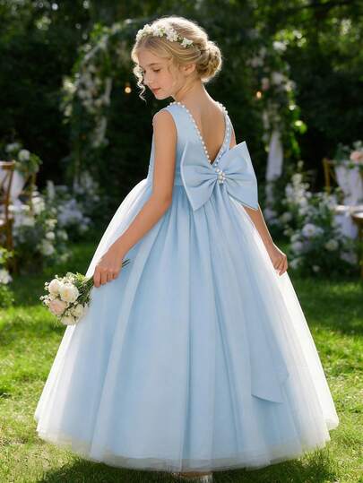 Tween Girl Light Blue Handmade Beaded 3D Bow Party Dress, Princess Dress Suitable For Girls Dresses, Birthday Party, Teenage Bridesmaid, Flower Girl, School Party, Prom, Holiday Celebration