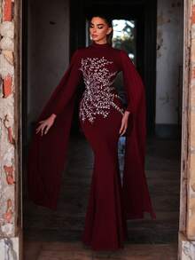 Faeriesty 女士优雅高领晚礼服 - 长款褶皱袖，鱼尾裙摆，精致蕾丝图案，适合婚礼、红毯、正式晚宴和春季奢华庆典派对等场合 - 酒紅色 - 查看 12