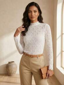 Women's Elegant Long-Sleeved Lace Blouse With High Neck – Sophisticated Casual Chic Style - BRANCO - 查看 2