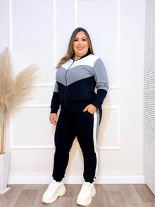 Women's Cold Weather Set In Crepe Knit, High Waist Jogger Pants With Pocket And Elastic Waistband And Long Sleeve Top With Zipper, Striped, Warm, Comfortable, Color Block, Contrasted Waist, Zipper, Side Stripe, Cold Weather Clothing, Autumn Winter Fashion Collection - 灰色 - 查看 3