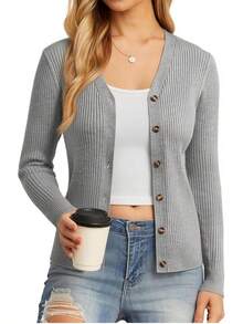 Women's Long Sleeve Button Up Cardigan Sweaters Ribbed Knit Open Front Casual - Flower Grey - View 1