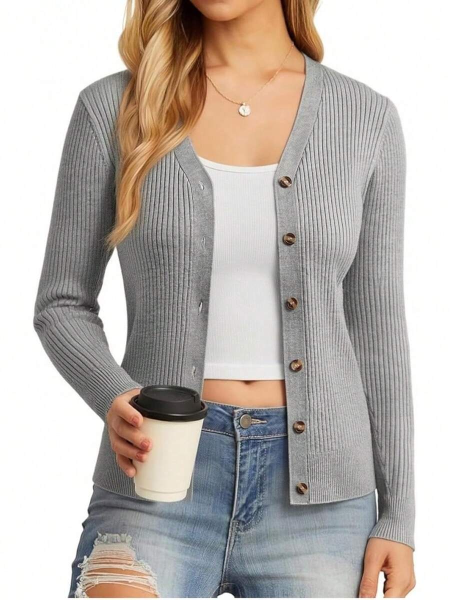 Women's Long Sleeve Button Up Cardigan Sweaters Ribbed Knit Open Front Casual - Flower Grey - View 1