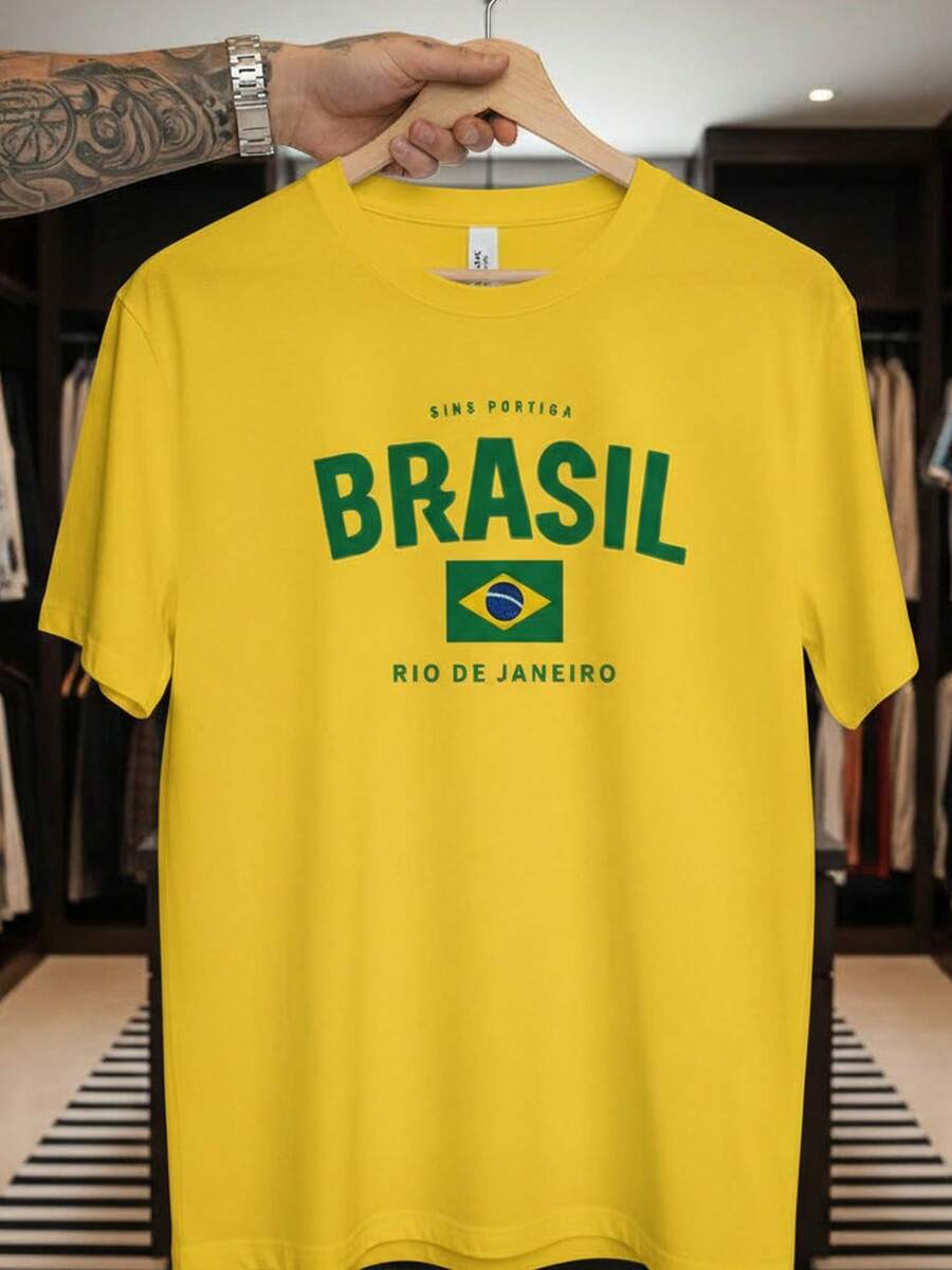 Unisex T-Shirt Supporting The Brazilian National Football Team Rio Short Sleeve Men's And Women's 100% Cotton, Casual, Crew Neck - Màu vàng - Xem 1