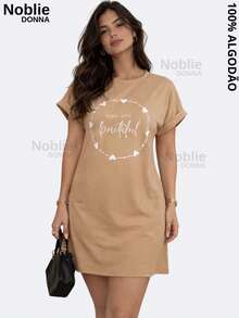 Women's T-Shirt Dress, Printed, Casual, Loose Fit, 100% Cotton - 米色/你/白色 - 查看 1