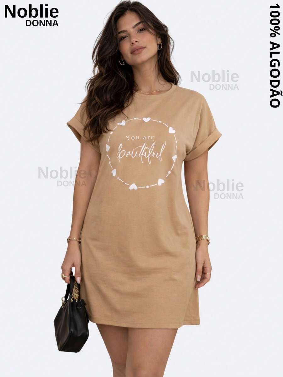 Women's T-Shirt Dress, Printed, Casual, Loose Fit, 100% Cotton - 米色/你/白色 - 查看 1